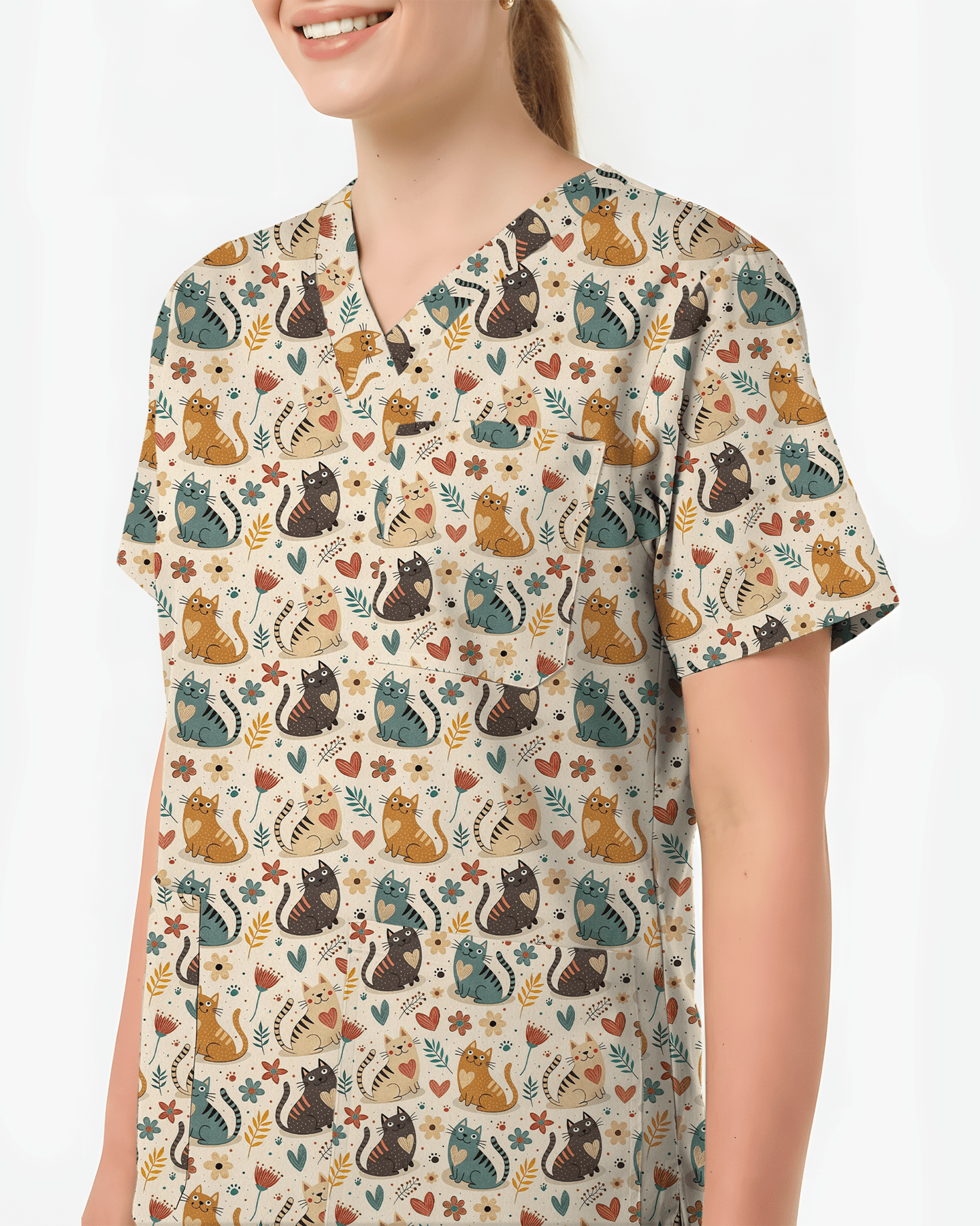Whimsical Boho Cats Nursing Scrub Top - Scrubloop