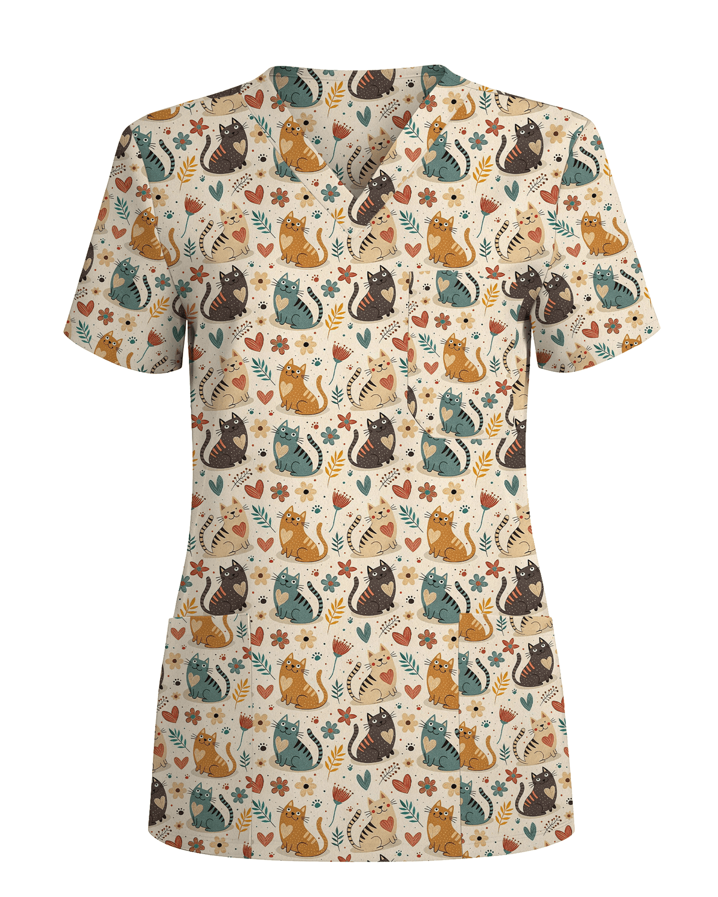 Whimsical Boho Cats Nursing Scrub Top - Scrubloop