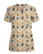 Whimsical Boho Cats Nursing Scrub Top - Scrubloop