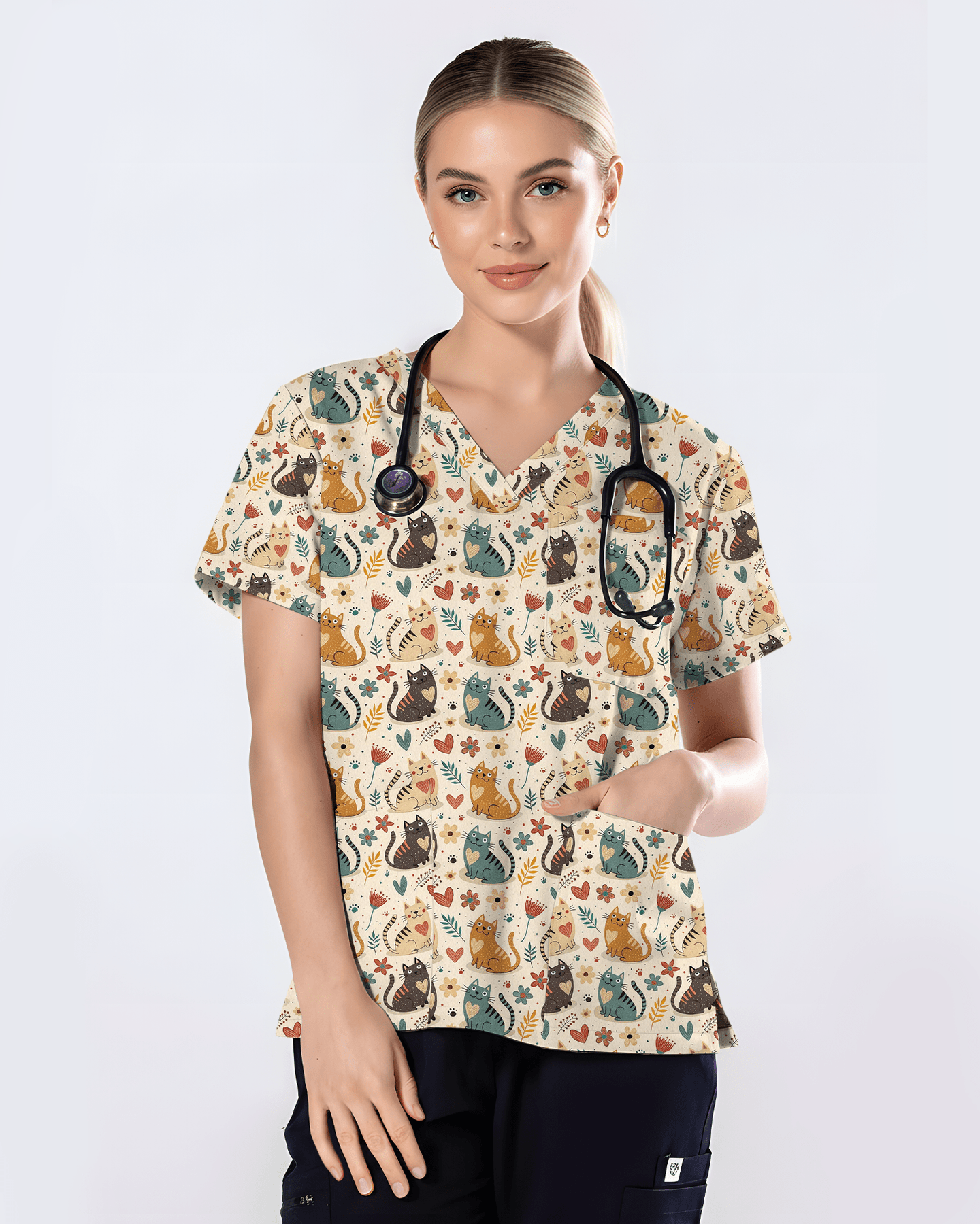 Whimsical Boho Cats Nursing Scrub Top - Scrubloop