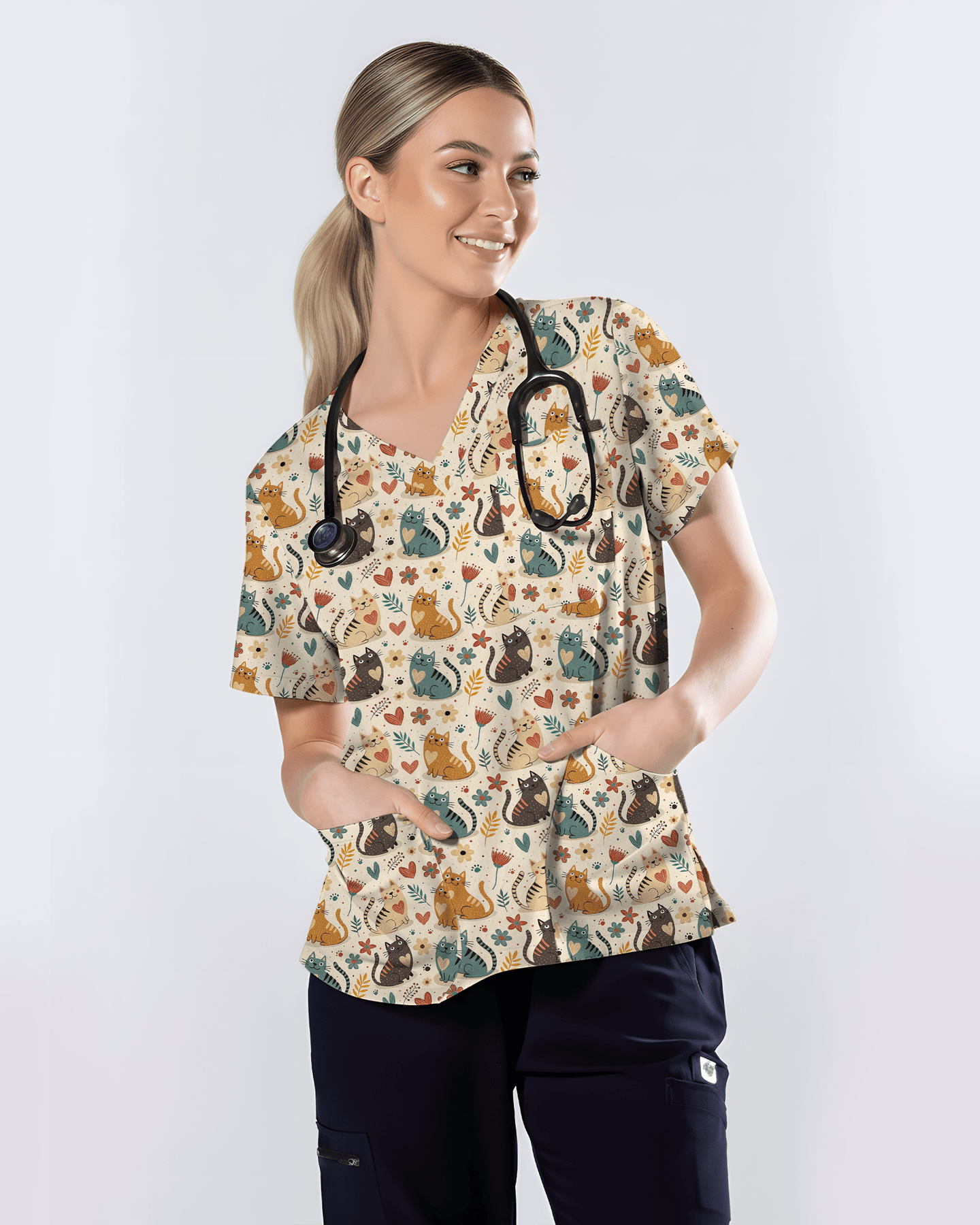Whimsical Boho Cats Nursing Scrub Top - Scrubloop