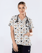 Whimsical Cat Healthcare Illustration Women Scrub Top - Scrubloop