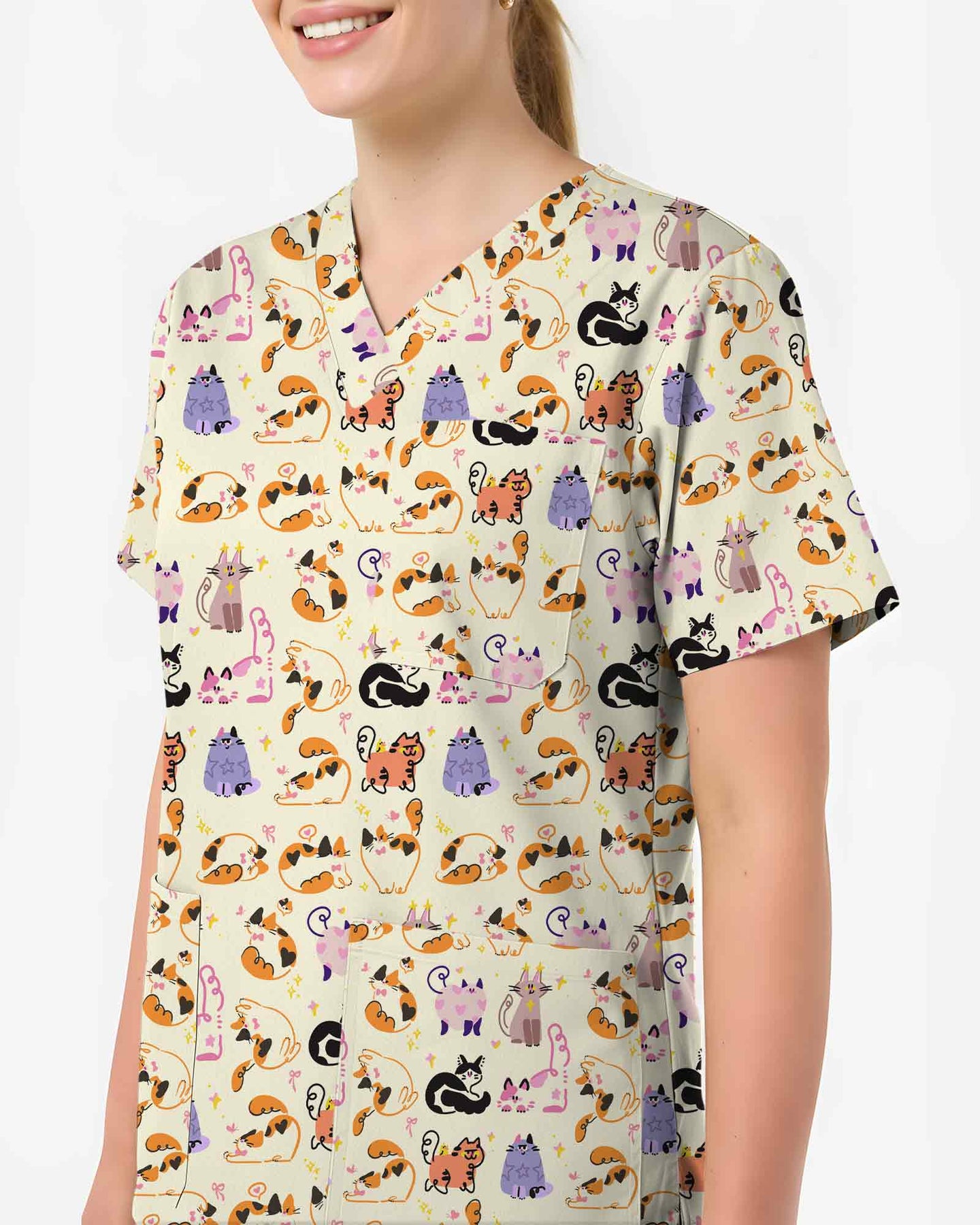 Whimsical Cat Nursing Scrub Top - Scrubloop
