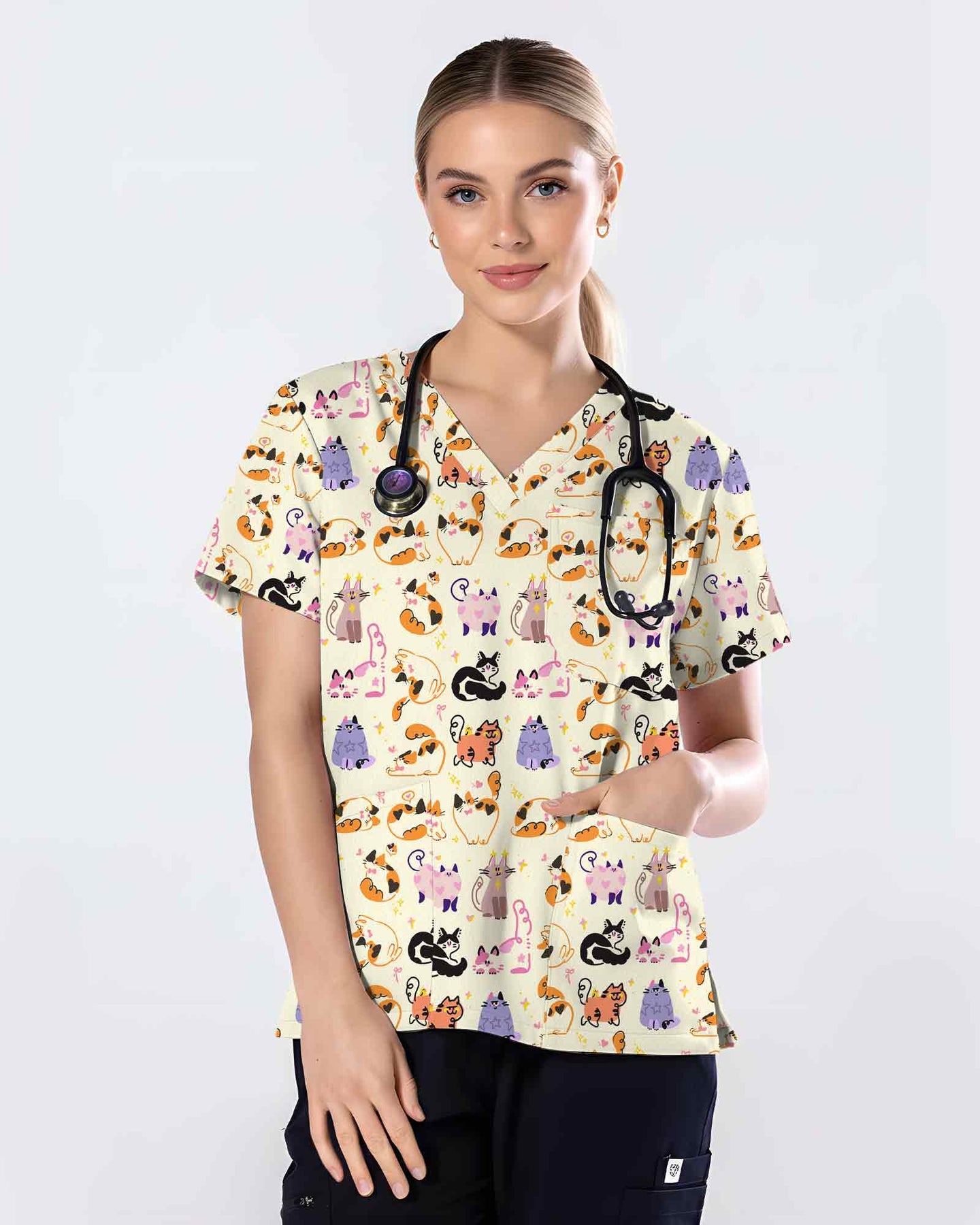 Whimsical Cat Nursing Scrub Top - Scrubloop