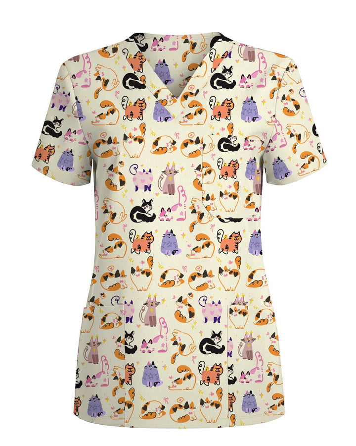 Whimsical Cat Nursing Scrub Top