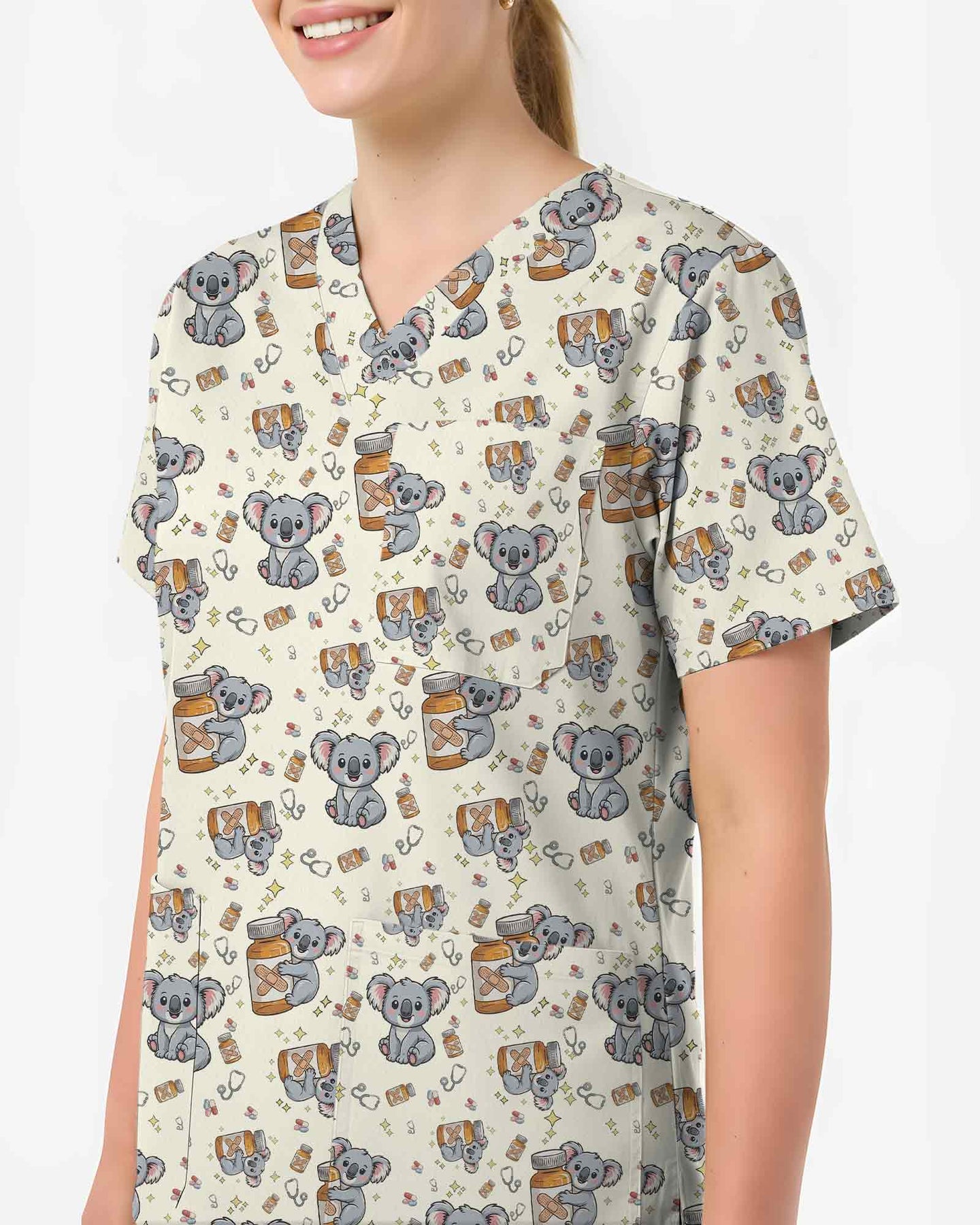 Whimsical Healing Koala Nurse Scrub Top - Scrubloop