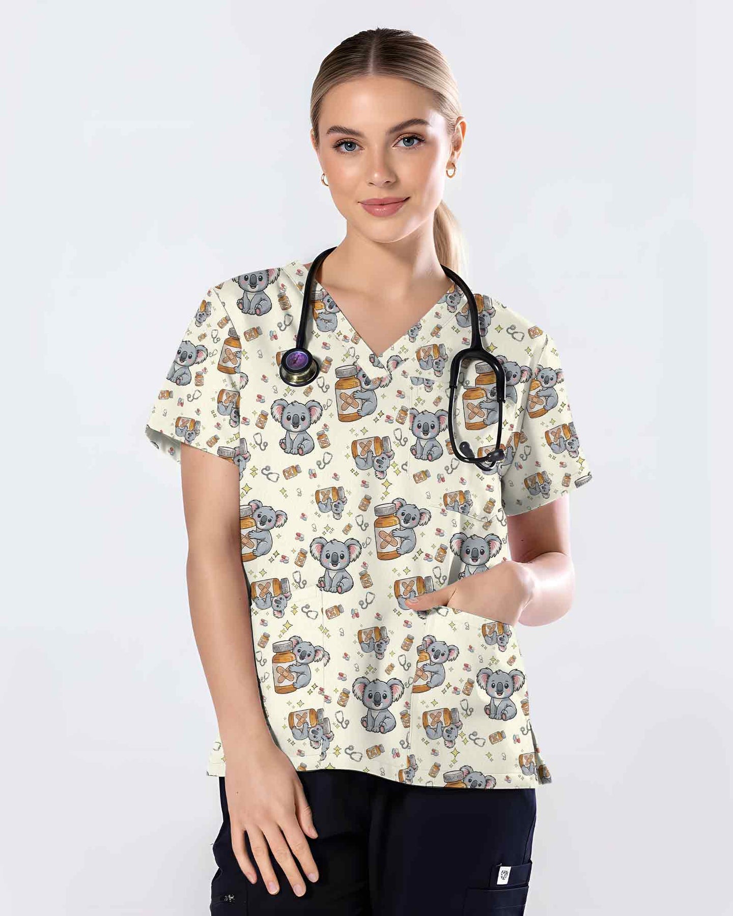 Whimsical Healing Koala Nurse Scrub Top - Scrubloop