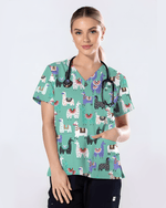 Whimsical Llama Friends Women Scrub Top - Scrubloop