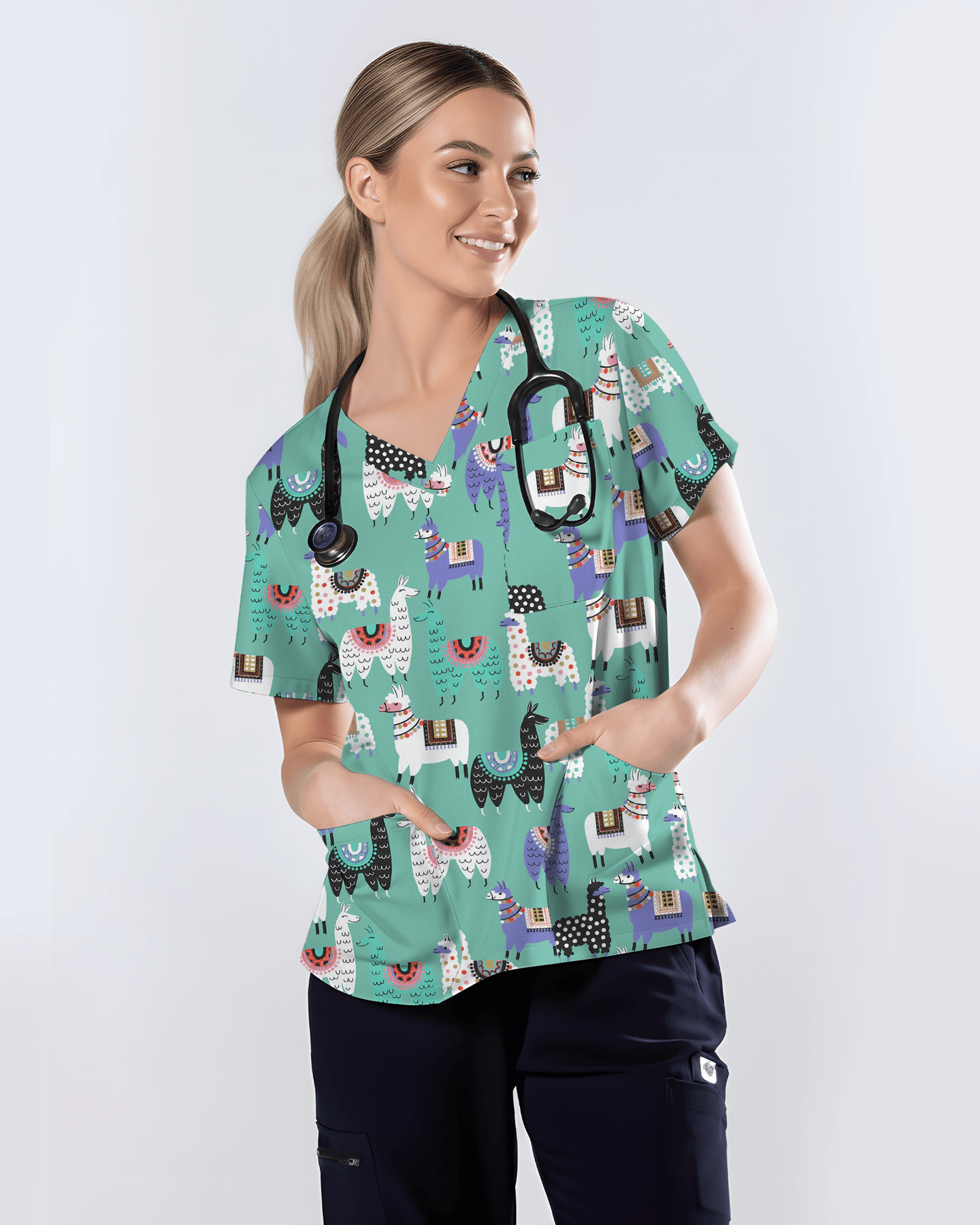 Whimsical Llama Friends Women Scrub Top - Scrubloop
