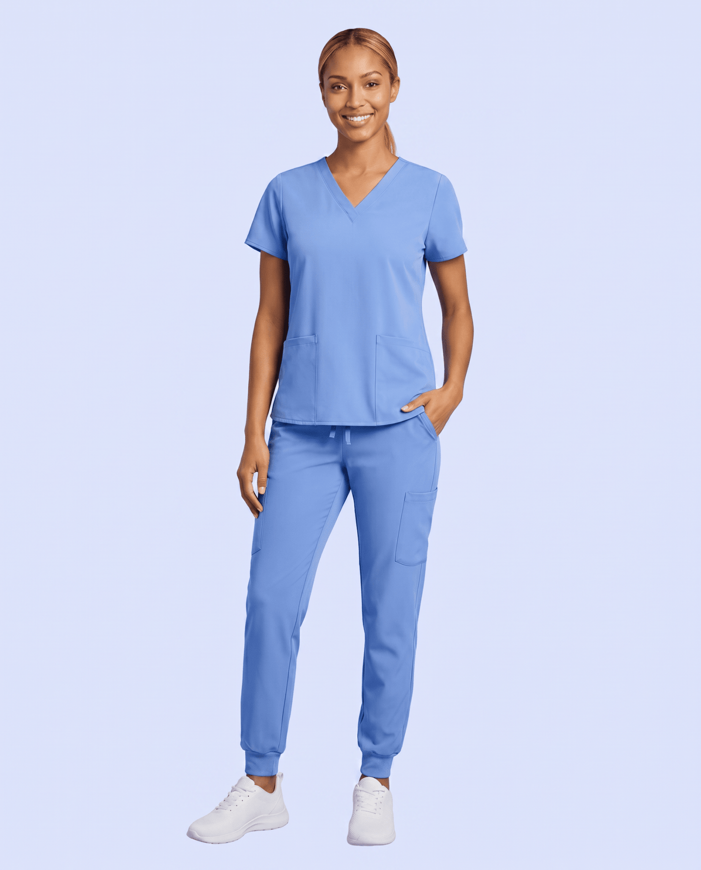 Women's 6-Pocket V-neck Top Ceil Blue - Scrubloop