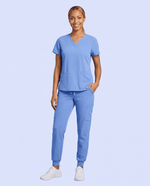 Women's 6-Pocket V-neck Top Ceil Blue - Scrubloop
