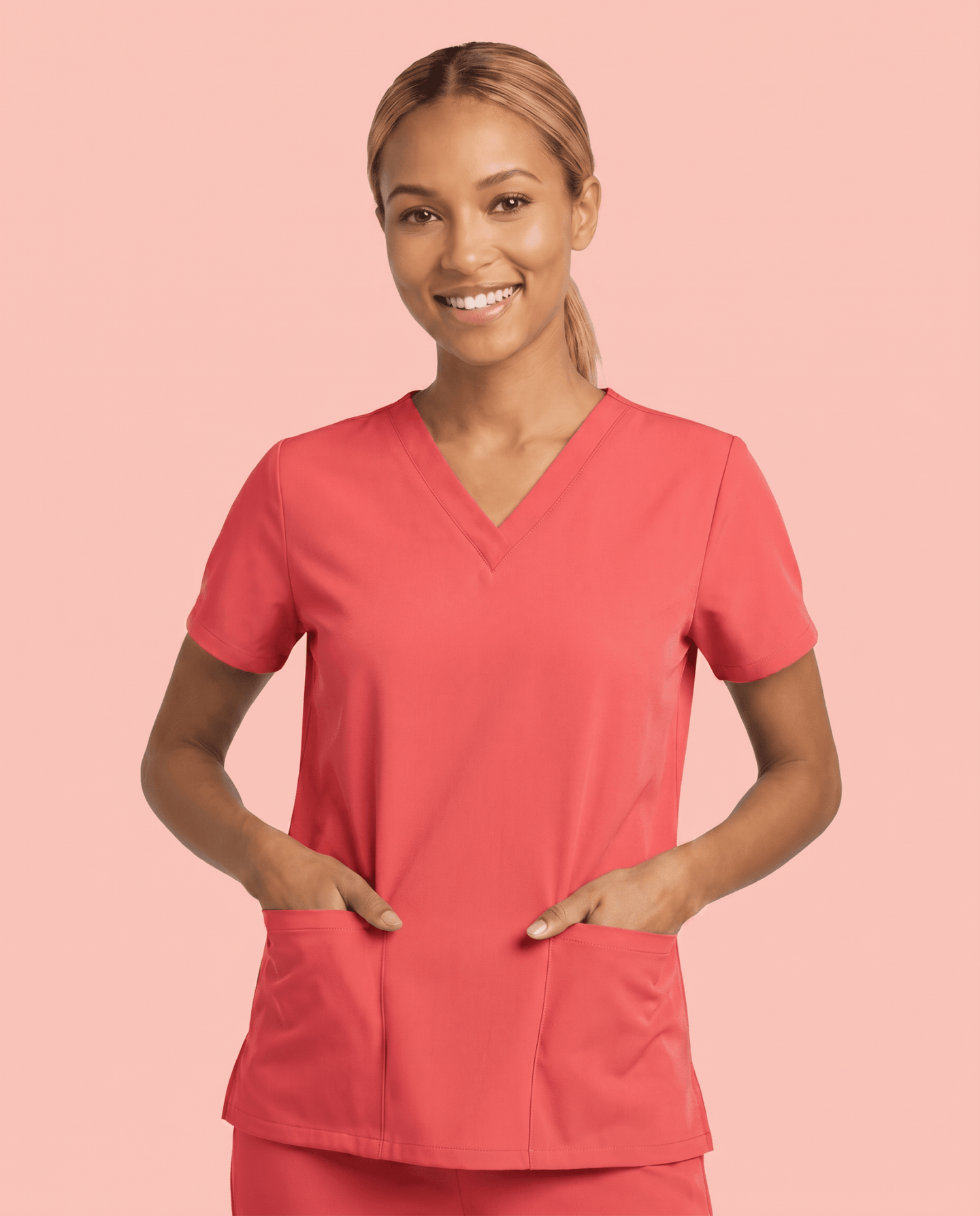 Women's 6-Pocket V-neck Top Coral - Scrubloop