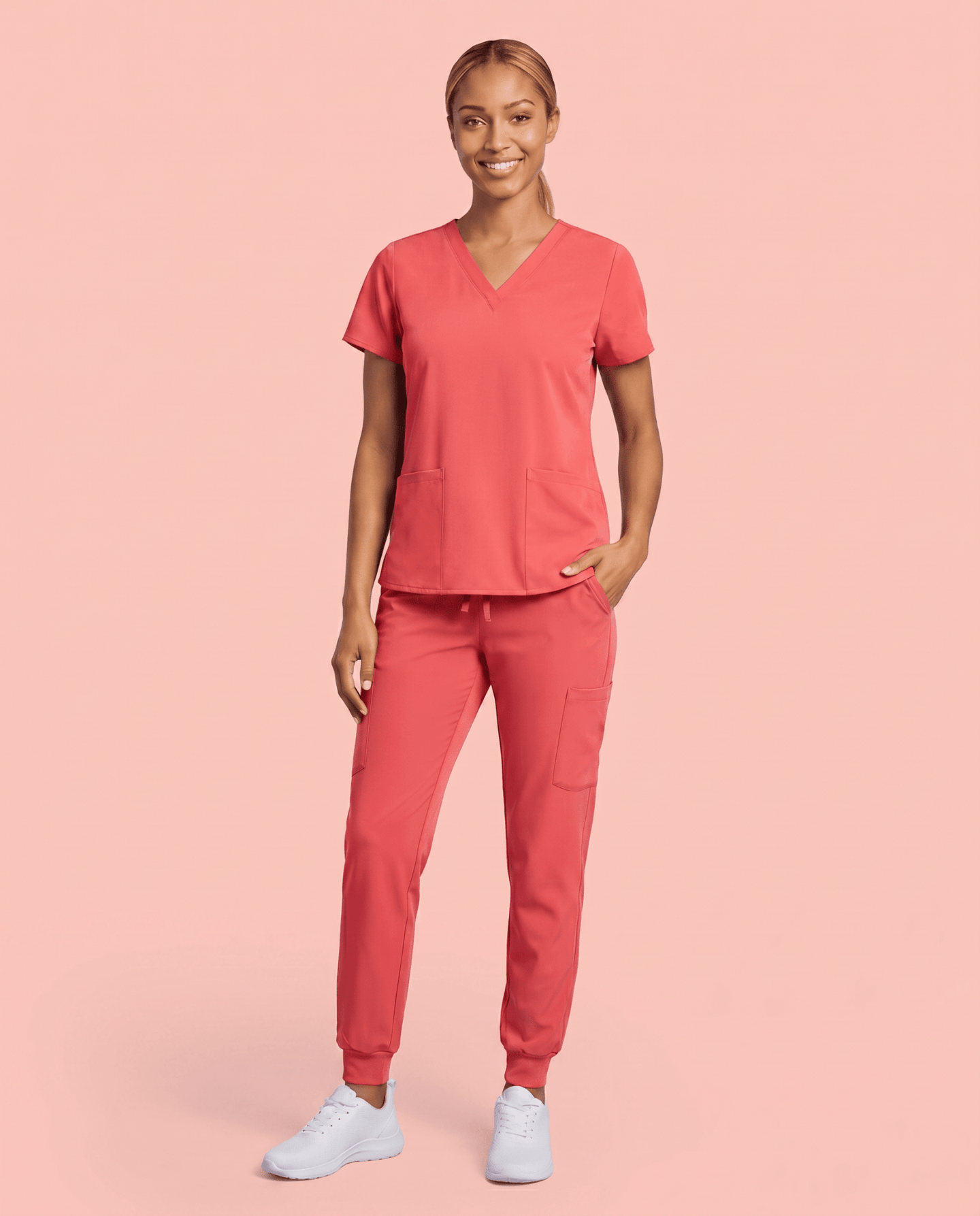 Women's 6-Pocket V-neck Top Coral - Scrubloop