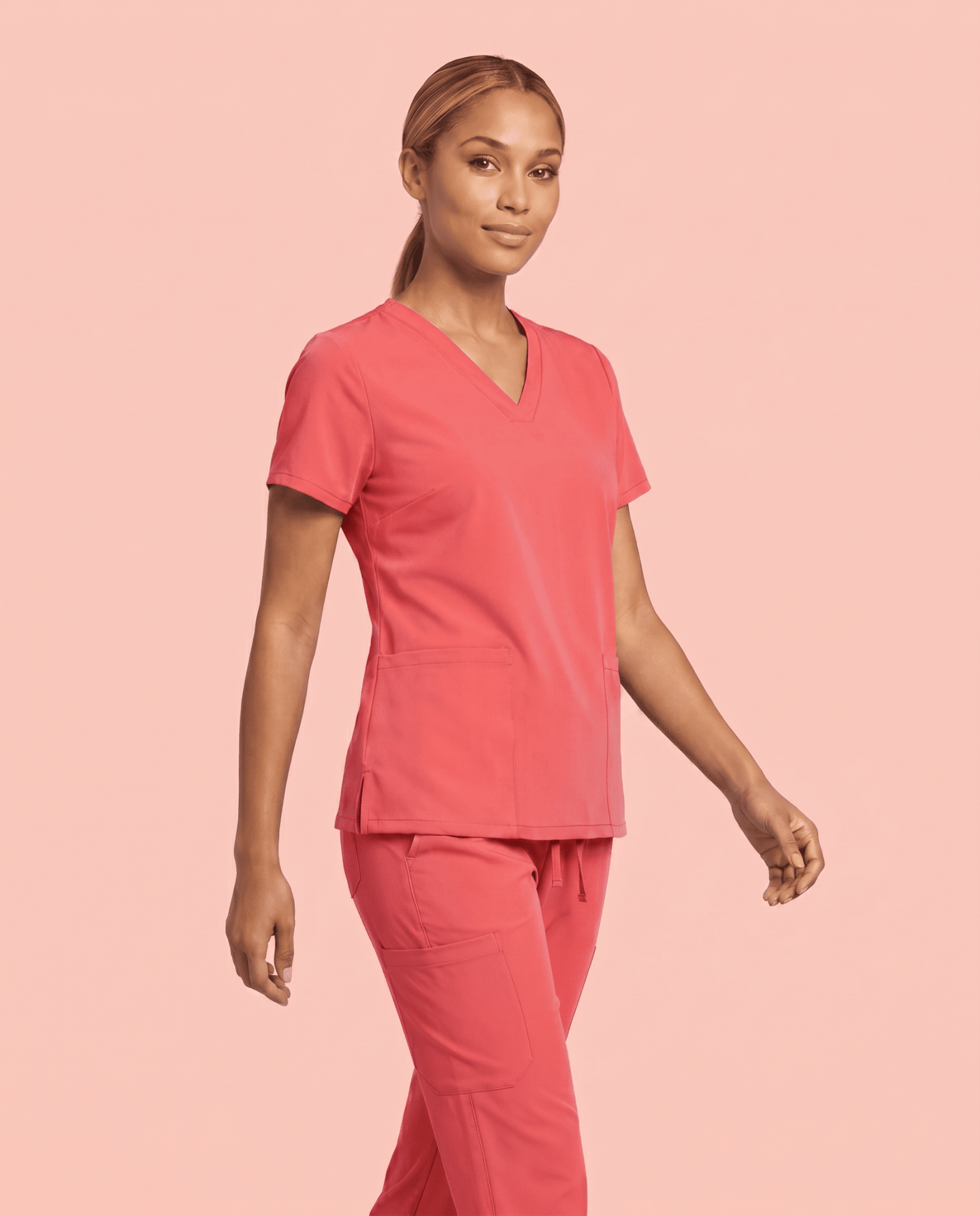 Women's 6-Pocket V-neck Top Coral - Scrubloop