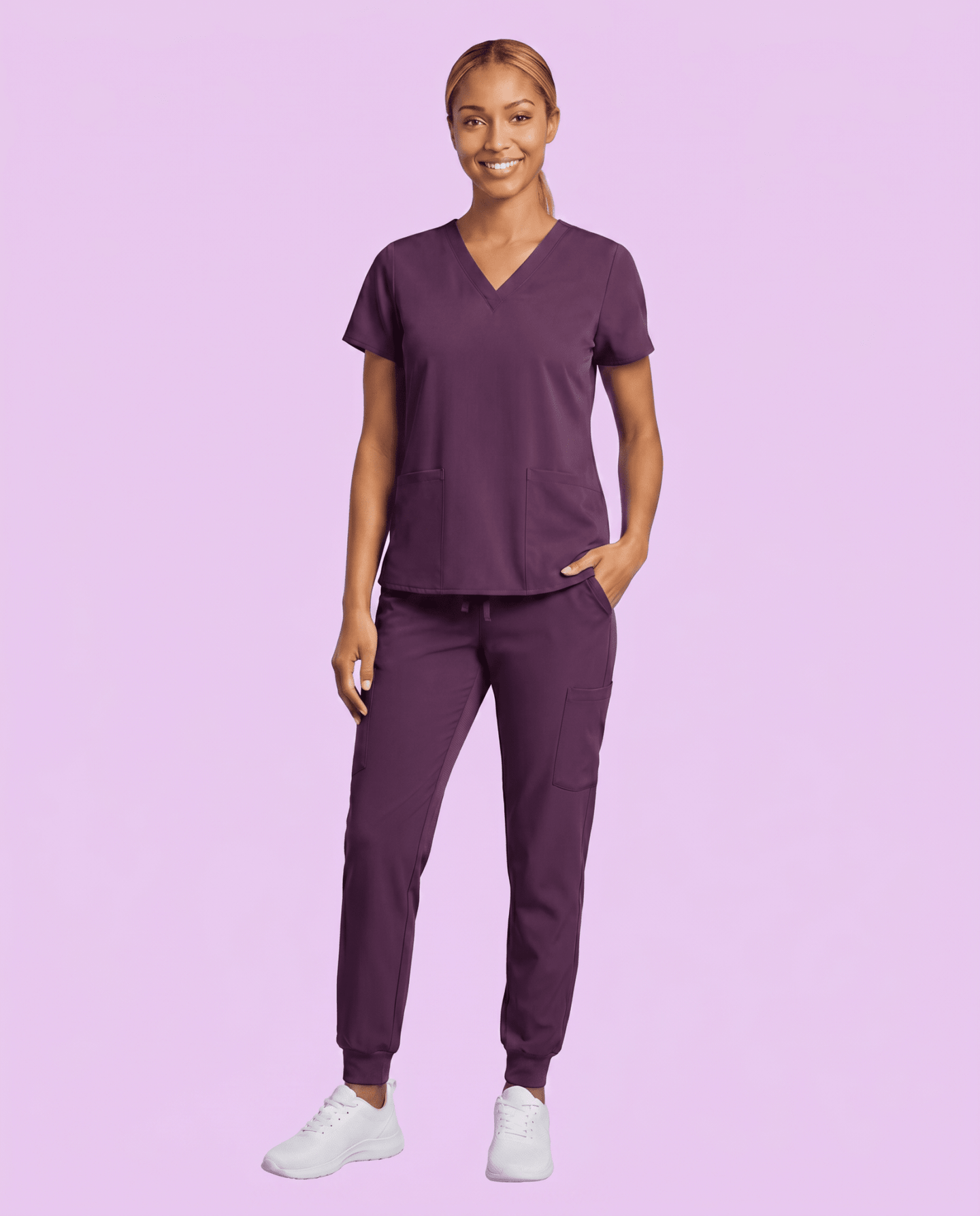 Women's 6-Pocket V-neck Top Deep Eggplant - Scrubloop
