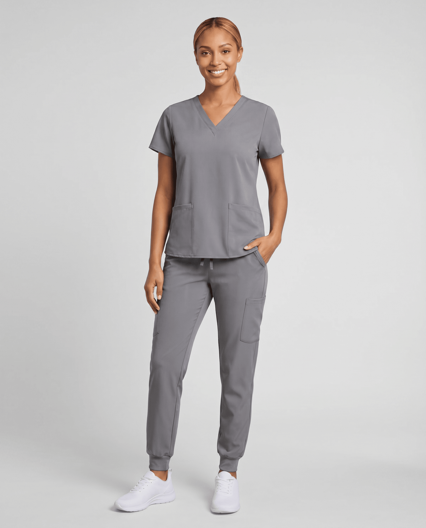 Women's 6-Pocket V-neck Top Heather Gray - Scrubloop