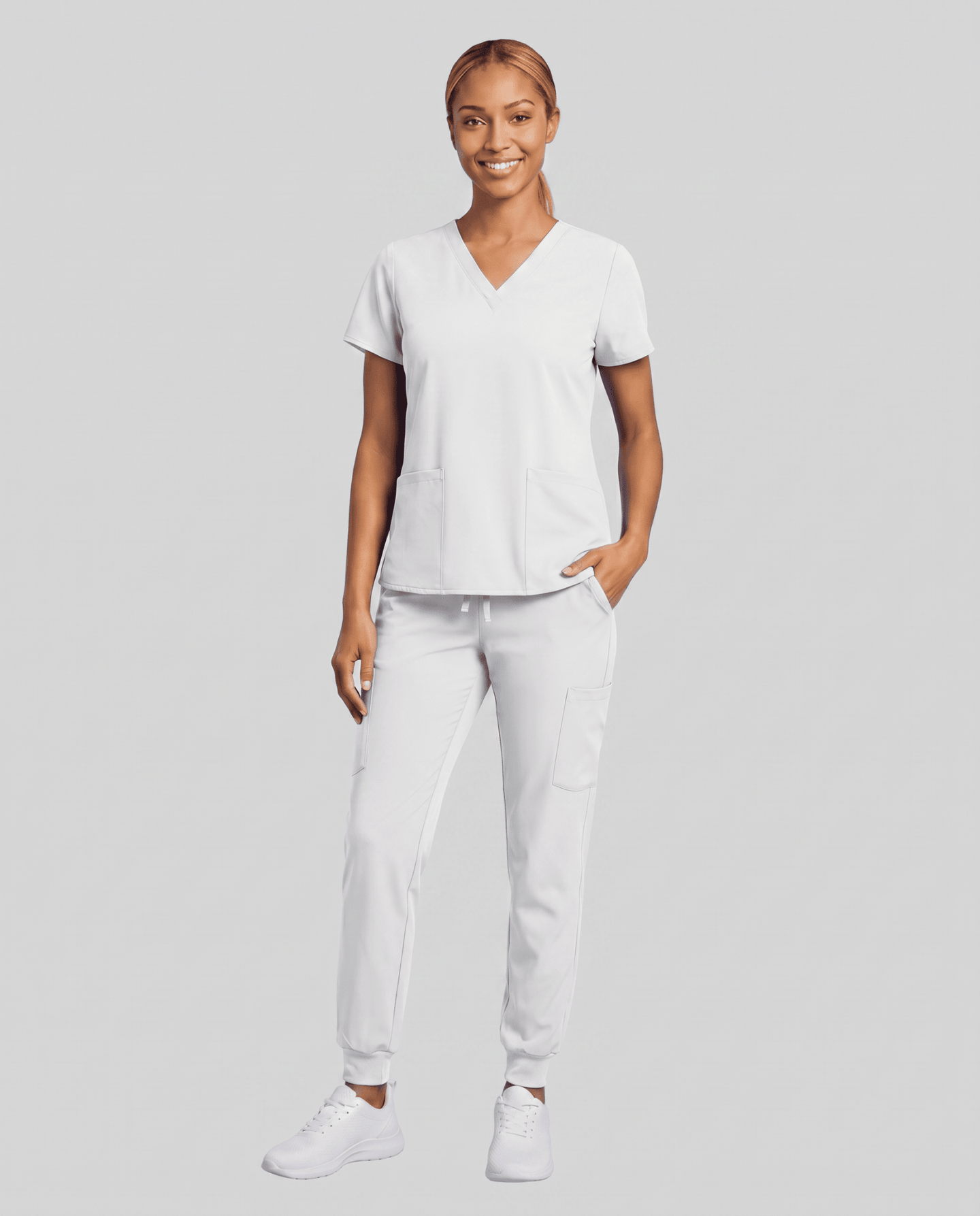 Women's 6-Pocket V-neck Top White - Scrubloop