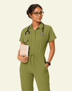 Women's Camp Collar Jumpsuit Avocado - Scrubloop