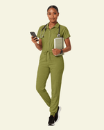 Women's Camp Collar Jumpsuit Avocado - Scrubloop