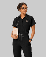 Women's Camp Collar Jumpsuit Black - Scrubloop