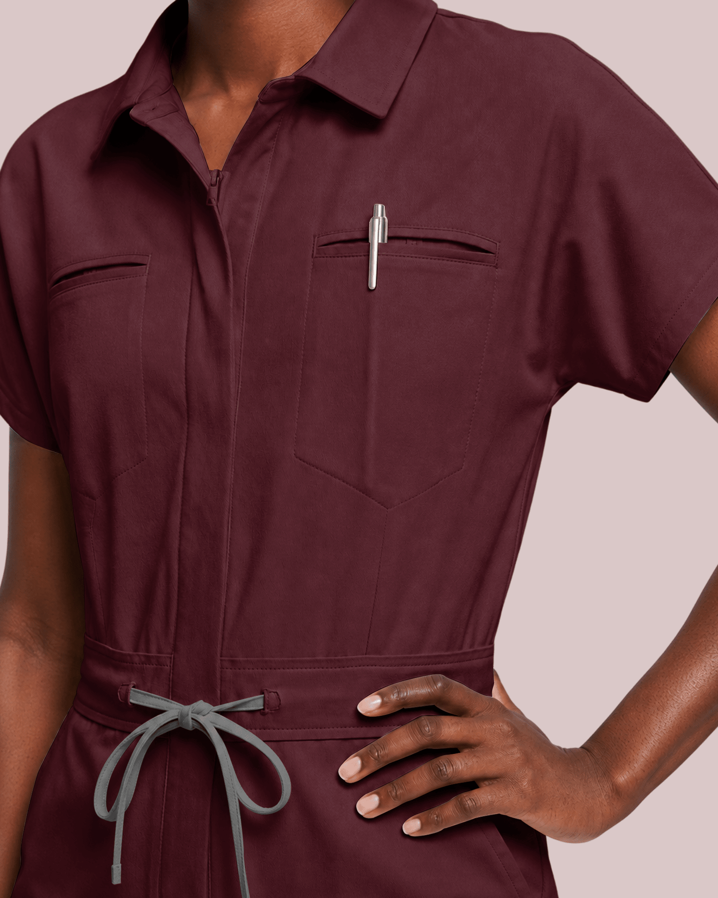 Women's Camp Collar Jumpsuit Burgundy - Scrubloop