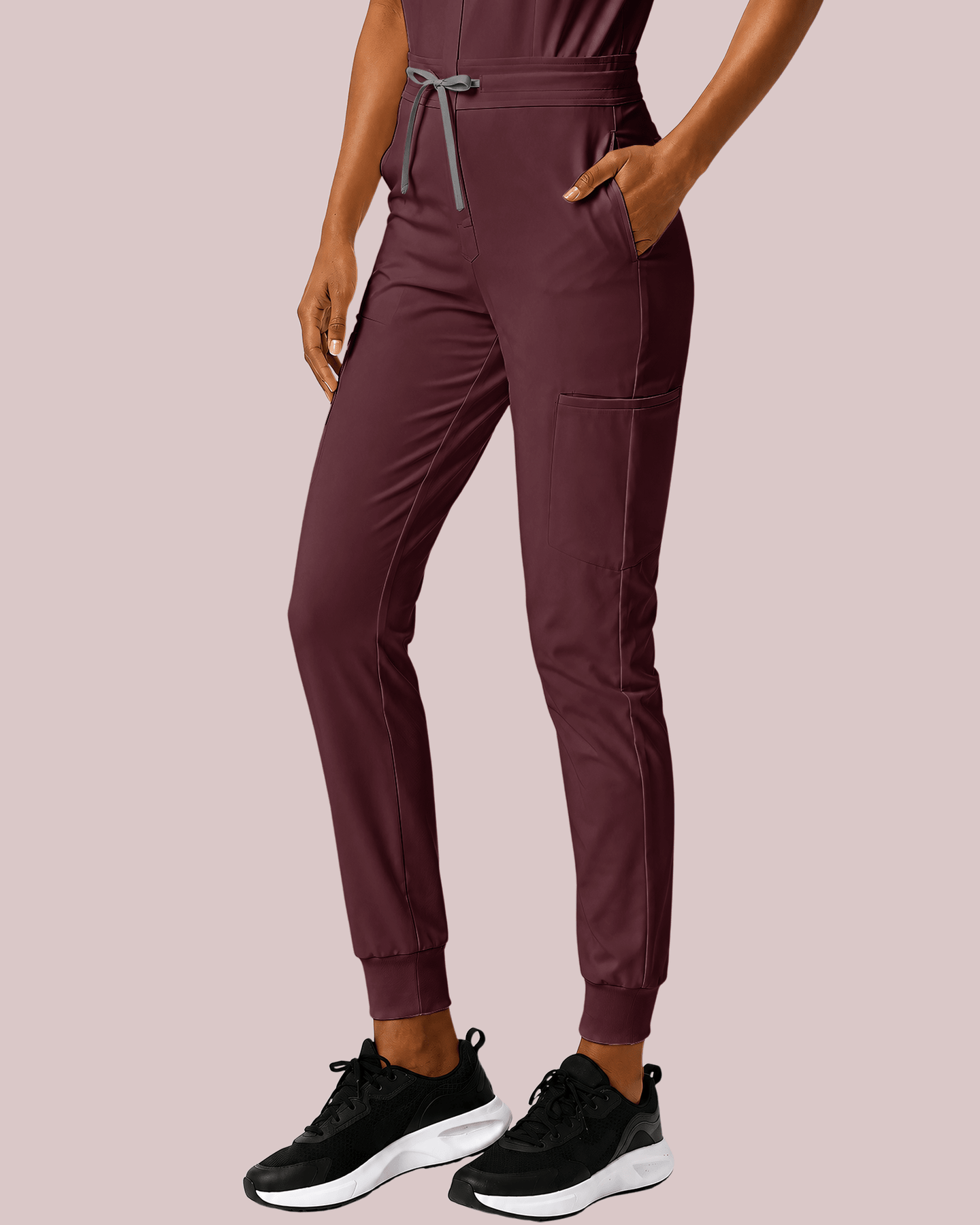 Women's Camp Collar Jumpsuit Burgundy - Scrubloop