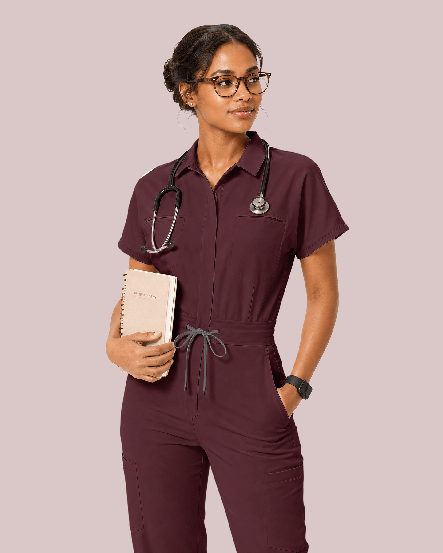 Women's Camp Collar Jumpsuit Burgundy - Scrubloop