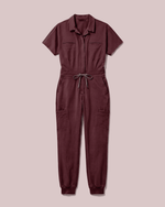 Women's Camp Collar Jumpsuit Burgundy - Scrubloop