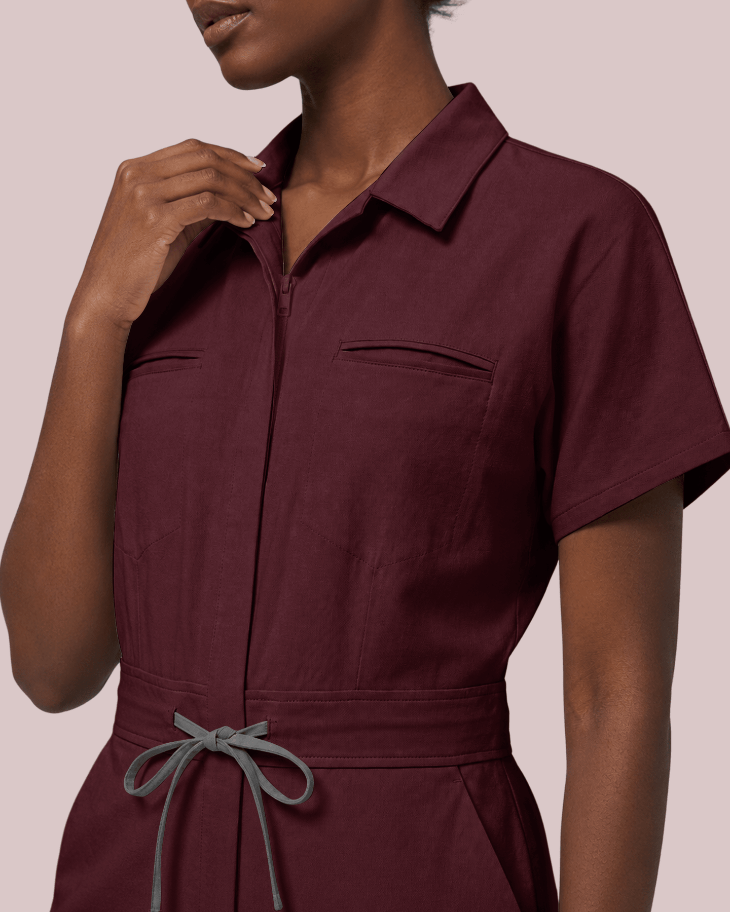 Women's Camp Collar Jumpsuit Burgundy - Scrubloop