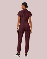 Women's Camp Collar Jumpsuit Burgundy - Scrubloop