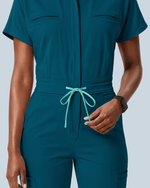 Women's Camp Collar Jumpsuit Caribbean Blue - Scrubloop