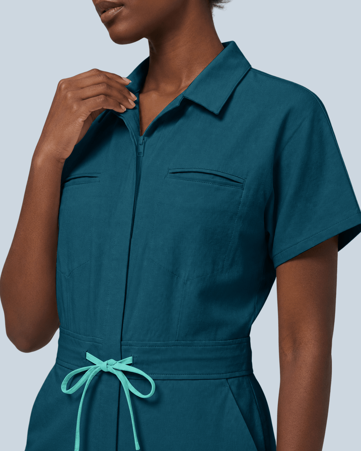 Women's Camp Collar Jumpsuit Caribbean Blue - Scrubloop