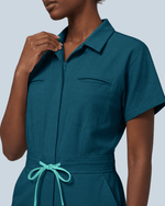 Women's Camp Collar Jumpsuit Caribbean Blue - Scrubloop