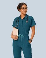 Women's Camp Collar Jumpsuit Caribbean Blue - Scrubloop