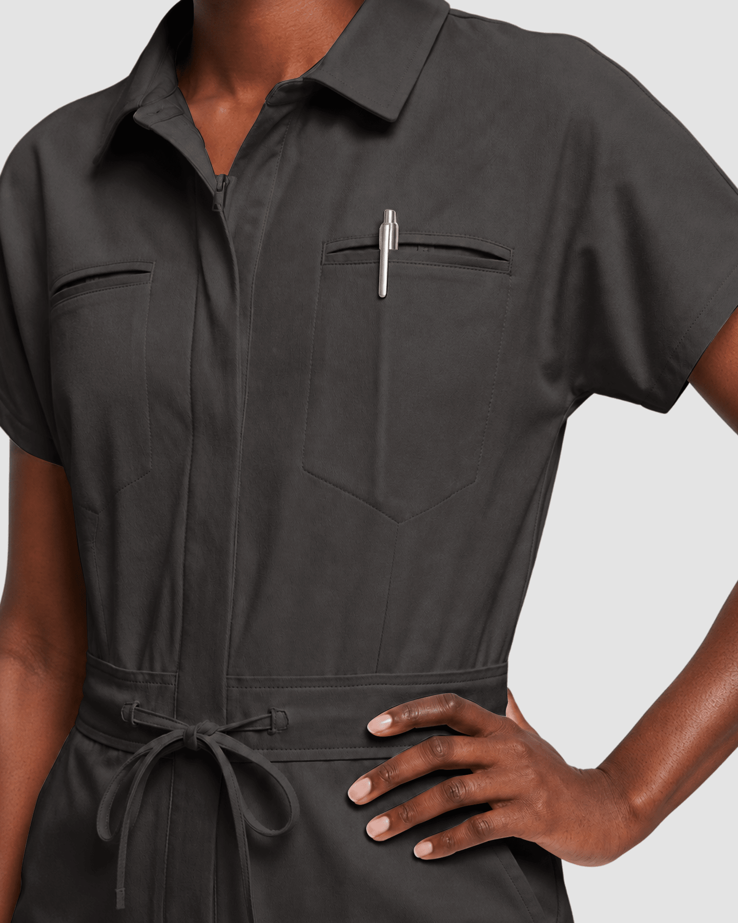 Women's Camp Collar Jumpsuit Charcoal - Scrubloop