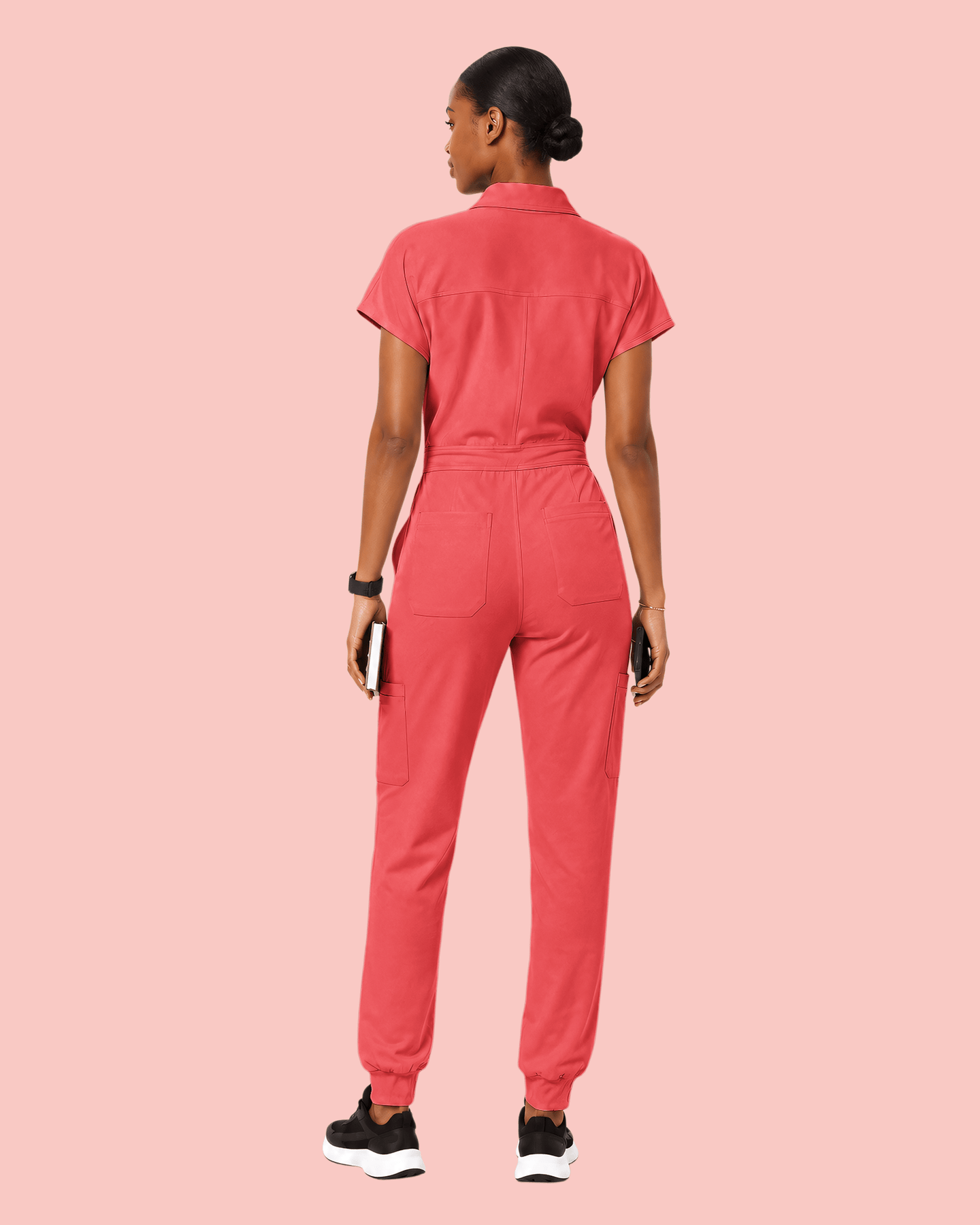 Women's Camp Collar Jumpsuit Coral - Scrubloop