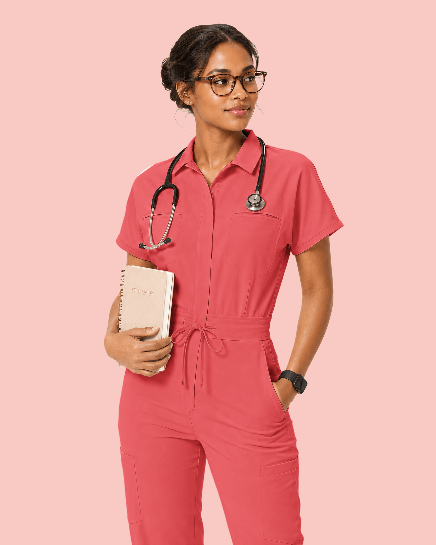 Women's Camp Collar Jumpsuit Coral - Scrubloop