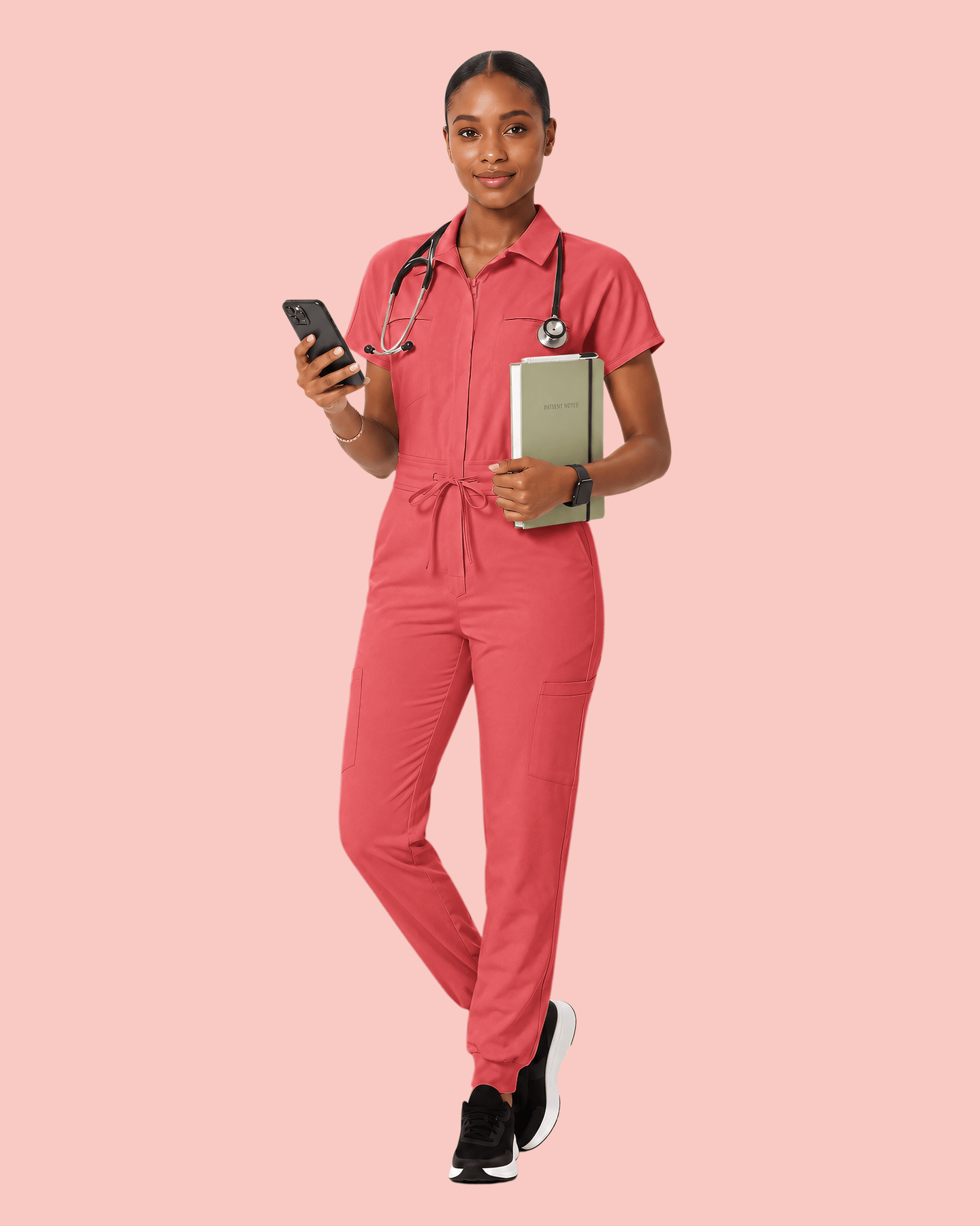 Women's Camp Collar Jumpsuit Coral - Scrubloop
