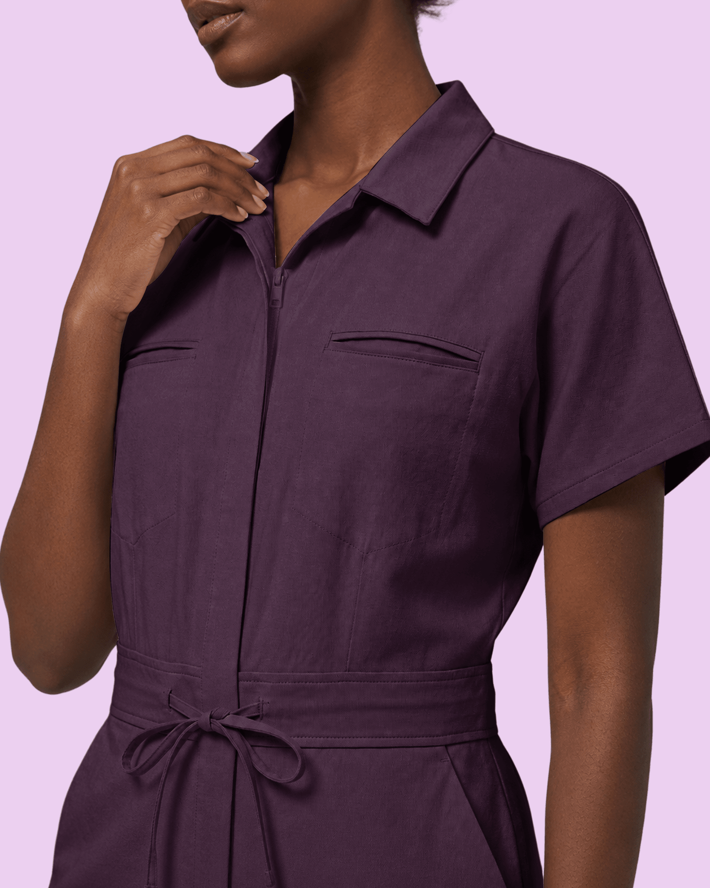 Women's Camp Collar Jumpsuit Deep Eggplant - Scrubloop