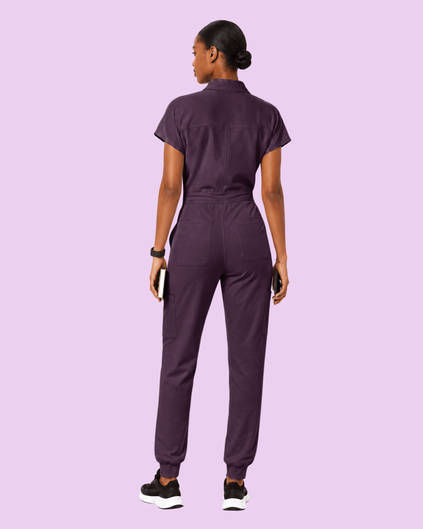 Women's Camp Collar Jumpsuit Deep Eggplant - Scrubloop