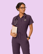 Women's Camp Collar Jumpsuit Deep Eggplant - Scrubloop