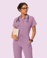 Women's Camp Collar Jumpsuit Lilac - Scrubloop