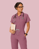 Women's Camp Collar Jumpsuit Mauve - Scrubloop