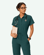 Women's Camp Collar Jumpsuit Midnight Green - Scrubloop