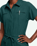Women's Camp Collar Jumpsuit Midnight Green - Scrubloop