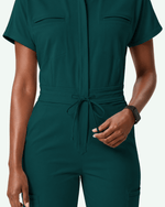 Women's Camp Collar Jumpsuit Midnight Green - Scrubloop