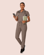 Women's Camp Collar Jumpsuit Mocha - Scrubloop