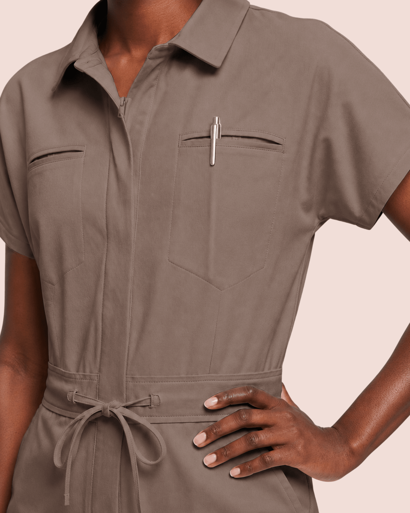 Women's Camp Collar Jumpsuit Mocha - Scrubloop