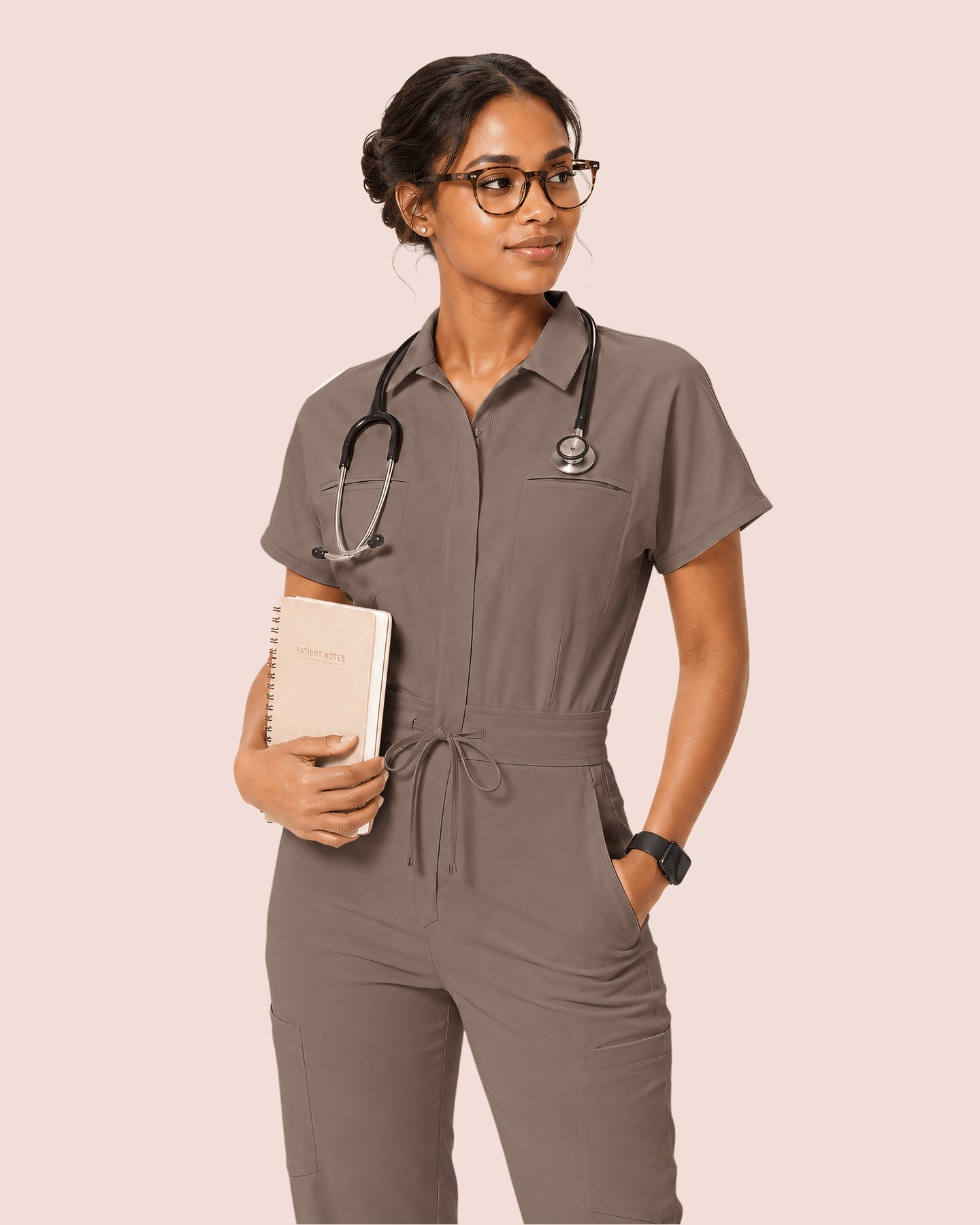Women's Camp Collar Jumpsuit Mocha - Scrubloop