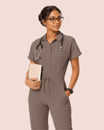 Women's Camp Collar Jumpsuit Mocha - Scrubloop